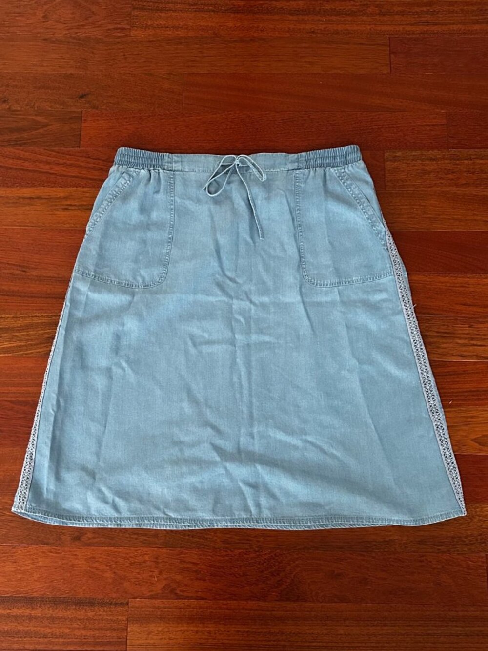 Coldwater Creek Blue Chambray A-line Midi‎ Skirt Drawstring Waist Size Petite XL